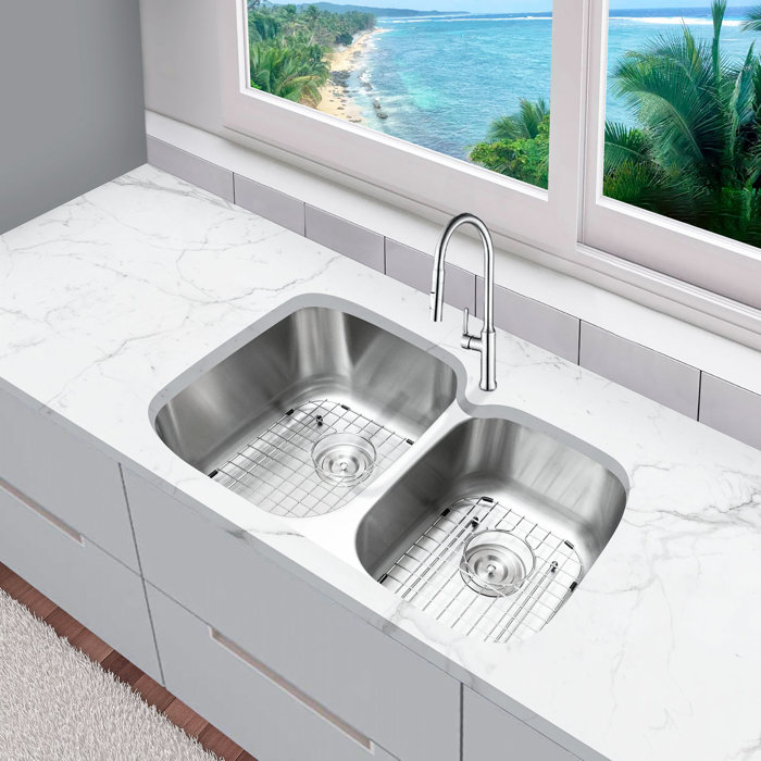 KBFmore 32 Inch Double Unequal Bowl Undermount Classic Kitchen Sink